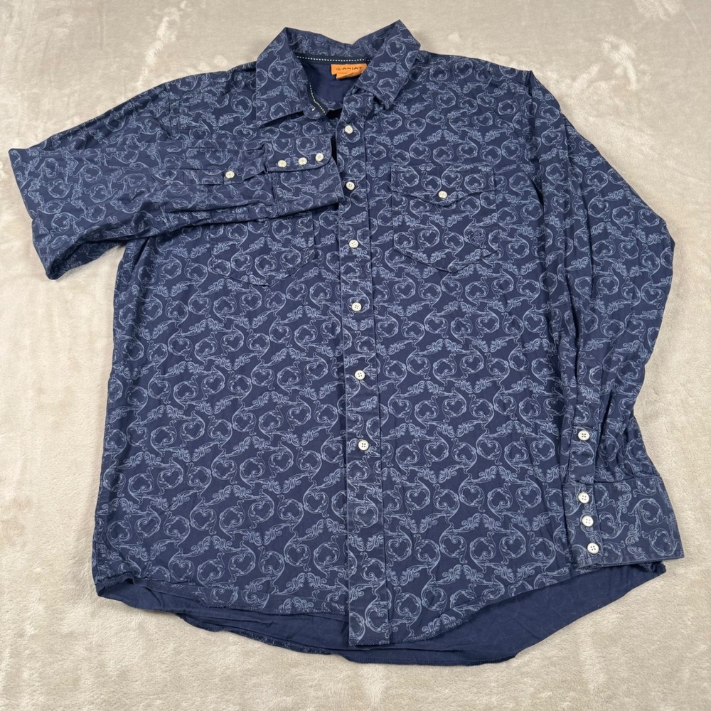 Ariat Button Down Shirt Mens Large Navy Blue Scroll Paisley Western Long Sleeve - Picture 2 of 7